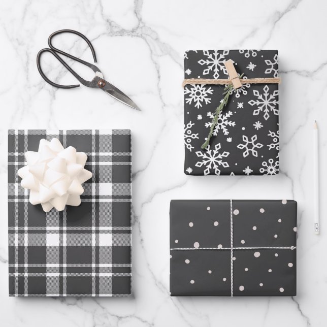 Tartan Kariert und Snowflake Monochrom Geschenkpapier Set (Vorderseite)