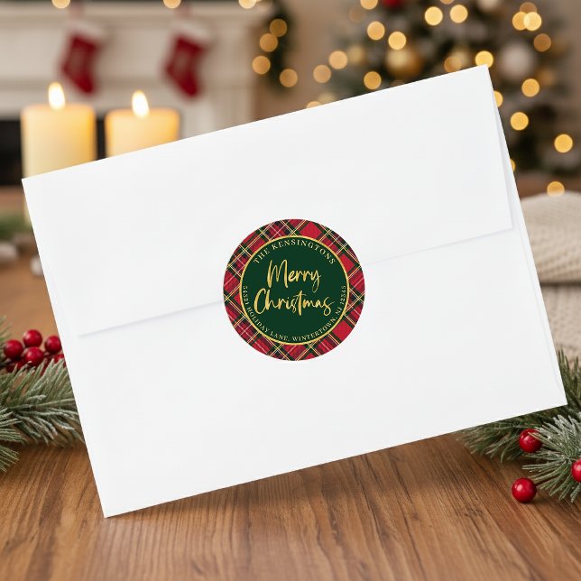 Tartan Karierte Gold Script Weihnachtszeit Rücksen Runder Aufkleber (Tartan Plaid Gold Script Christmas Return Address Round Stickers)