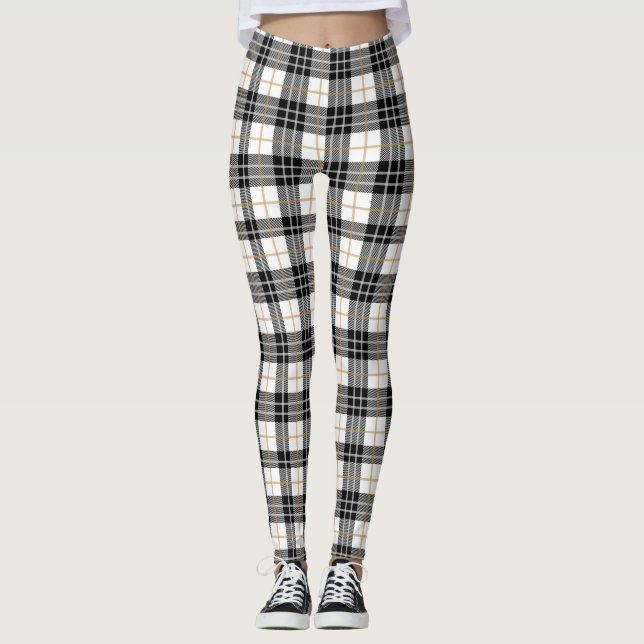Tartan Karierte weiße, schwarze und goldene Weihna Leggings (Vorderseite)