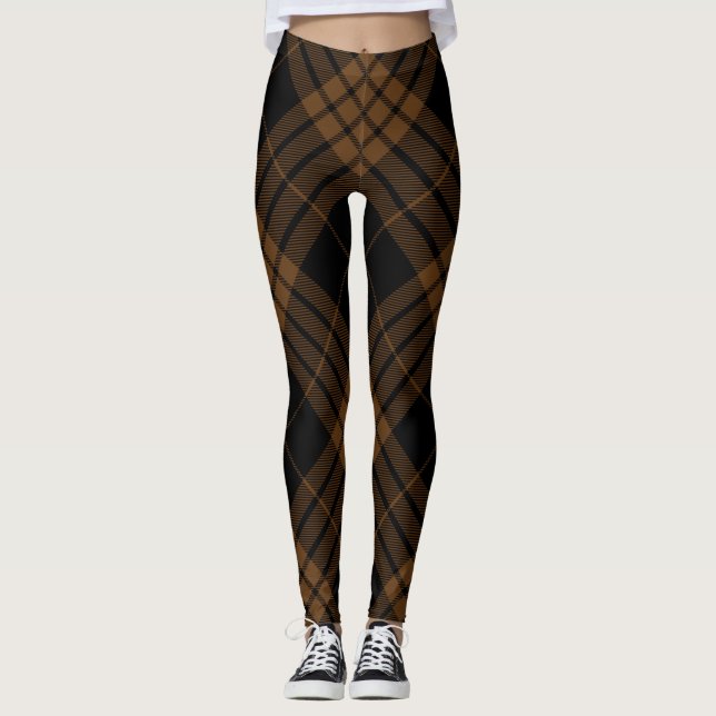 Tartan kariertes Trendy diagonales schwarzes Brown Leggings (Vorderseite)
