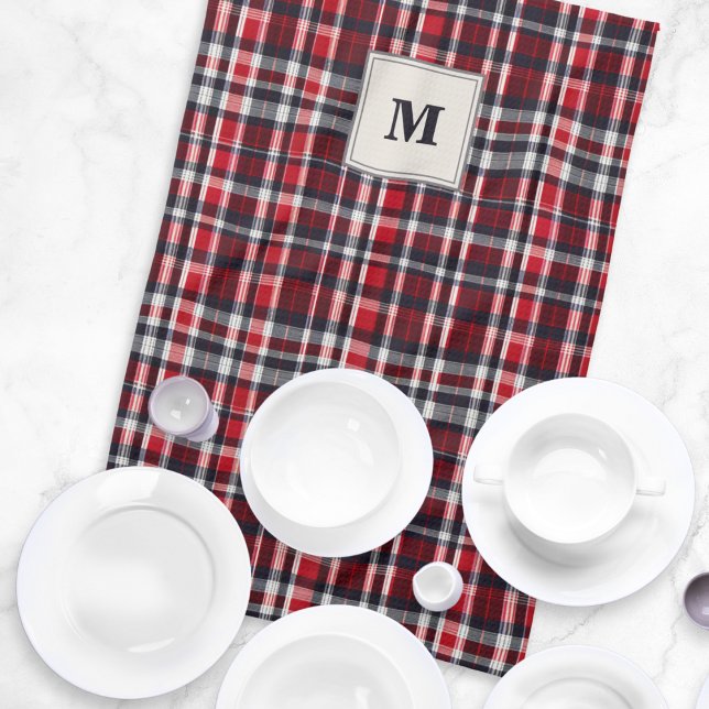 Tartan Karo Elegant Gemustert Stilvoll Mit Monogra Geschirrtuch (A monogrammed kitchen tea towel with festive red plaid design)