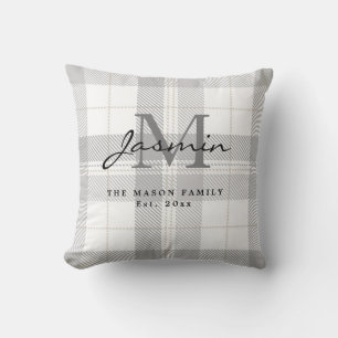 Tartan Karo Grau Weiß Familienname Monogramm Kissen