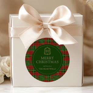 Tartan-Karo-Monogramm-Wappen Frohe Weihnachten Runder Aufkleber