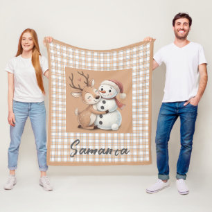 Tartan-Karo-Rentier-Schneemann beige Name Fleecedecke