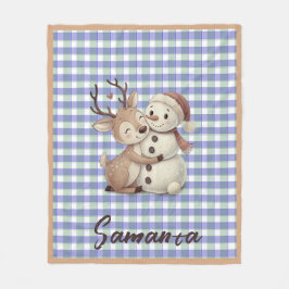 Tartan Karo Rentier Schneemann blau beige Name Fleecedecke
