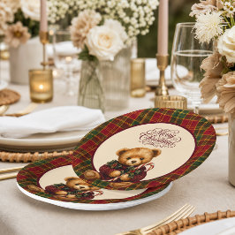 Tartan-Karo-Teddybär-Weihnachten Pappteller