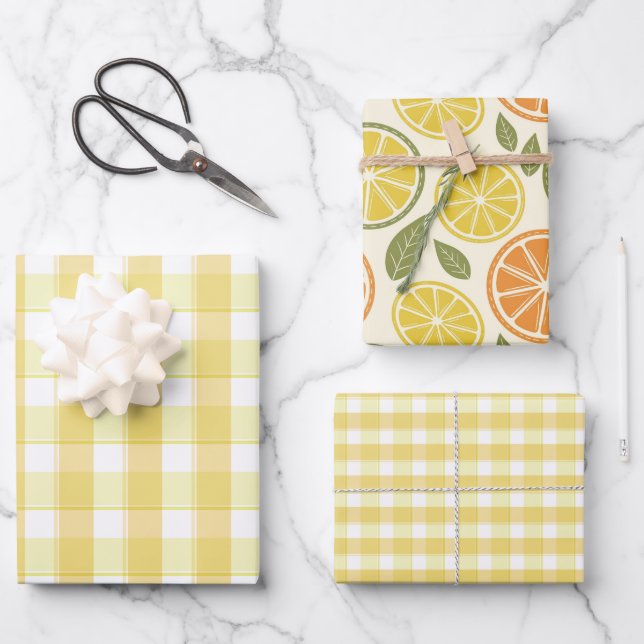 Tartan lemonengelb gestreiftes Geschenkpapier Set (Vorderseite)