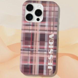 Tartan-Monogramm Burgunderrot Roséblush-Pinkstreif iPhone 16 Pro Hülle