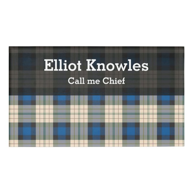 Tartan-Muster - traditionelles blaues Beige Namenschild (Vorderseite)