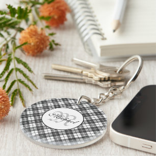 Tartan-Muster Weihnachten schwarz weiß Monogramm Schlüsselanhänger