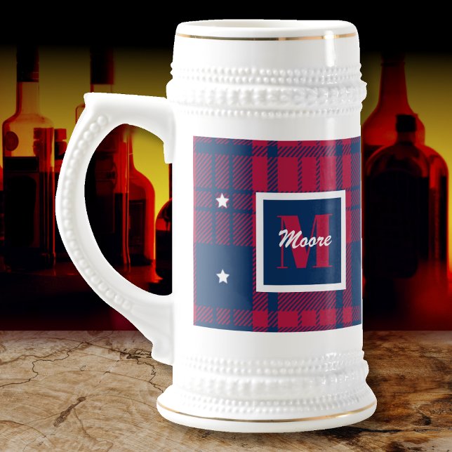 Tartan - Patriotic - Red Blue White Stars Bierglas (Tartan - Patriotic - Red Blue White Stars Beer Stein by Leapfroglisics Shop)