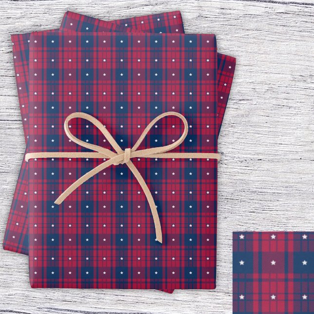Tartan - Patriotic - Red Blue White Stars Geschenkpapier Set (Tartan - Patriotic - Red Blue White Stars Wrapping Paper Sheets by Leapfroglisics Shop)