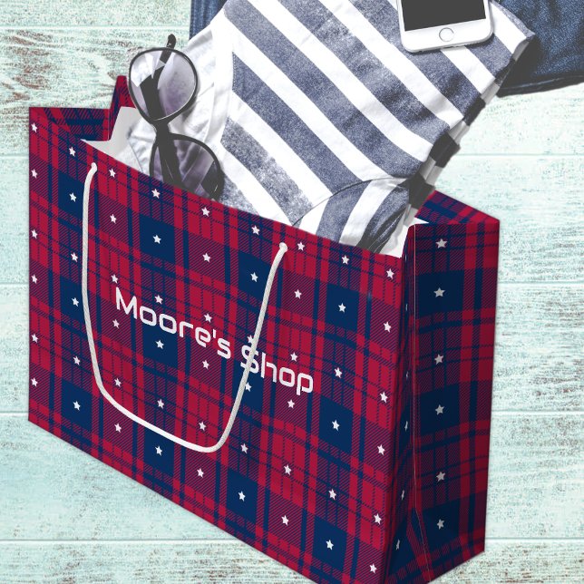 Tartan - Patriotic - Red Blue White Stars Große Geschenktüte (Von Creator hochgeladen)