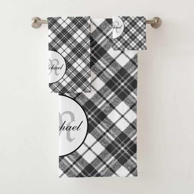 Tartan pattern Christmas Schwarz-weiß Monogram Badhandtuch Set (Insitu)
