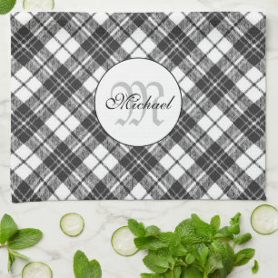 Tartan pattern Christmas Schwarz-weiß Monogram Geschirrtuch