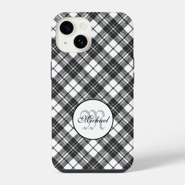Tartan pattern Christmas Schwarz-weiß Monogram iPhone Hülle (Rückseite)