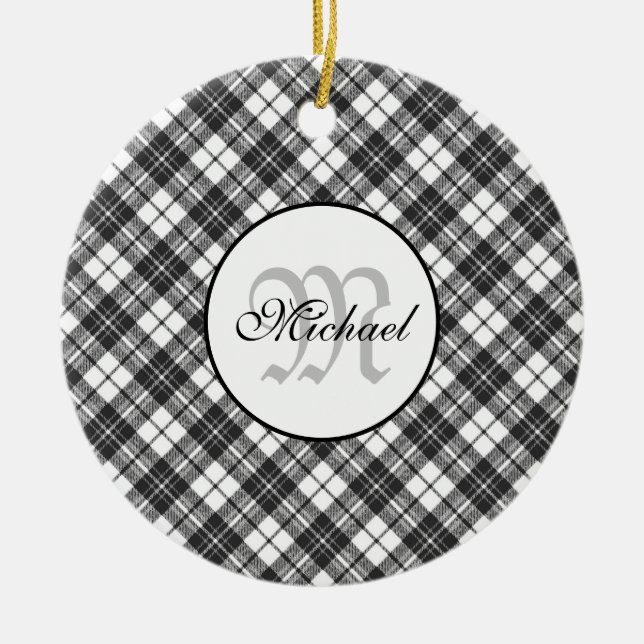 Tartan pattern Christmas Schwarz-weiß Monogram Keramik Ornament (Vorne)
