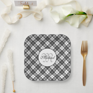 Tartan pattern Christmas Schwarz-weiß Monogram Pappteller
