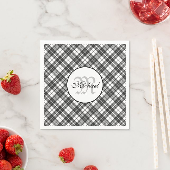 Tartan pattern Christmas Schwarz-weiß Monogram Serviette (Beispiel)