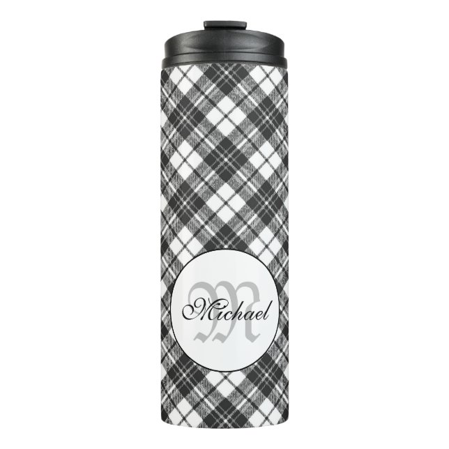 Tartan pattern Christmas Schwarz-weiß Monogram Thermosbecher (Vorderseite)