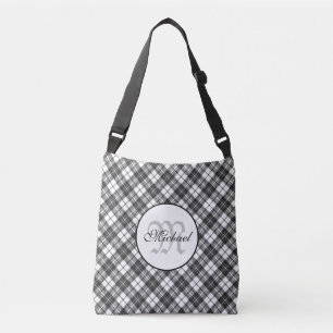 Tartan pattern Christmas Schwarz-weiß Monogram Tragetaschen Mit Langen Trägern