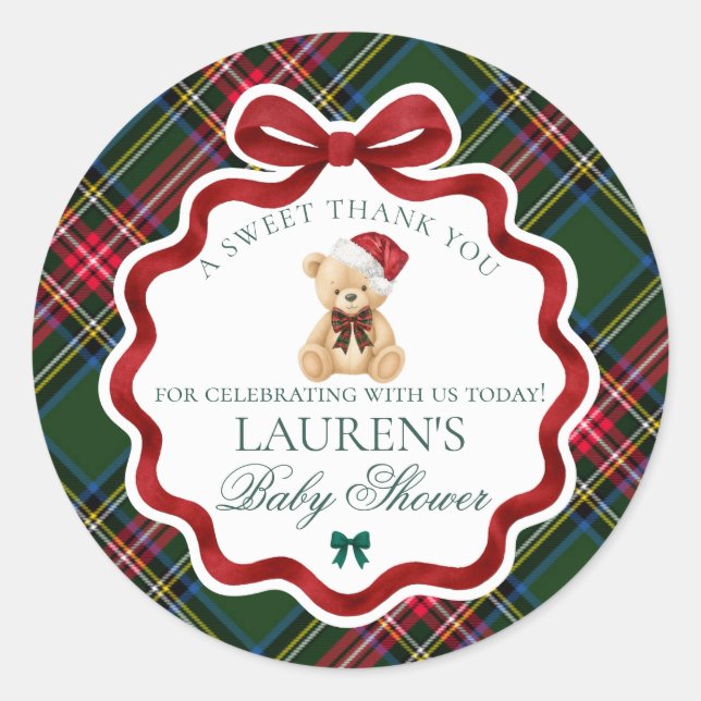 Tartan Plaid Christmas Bear Baby Shower Favor Runder Aufkleber (Vorderseite)