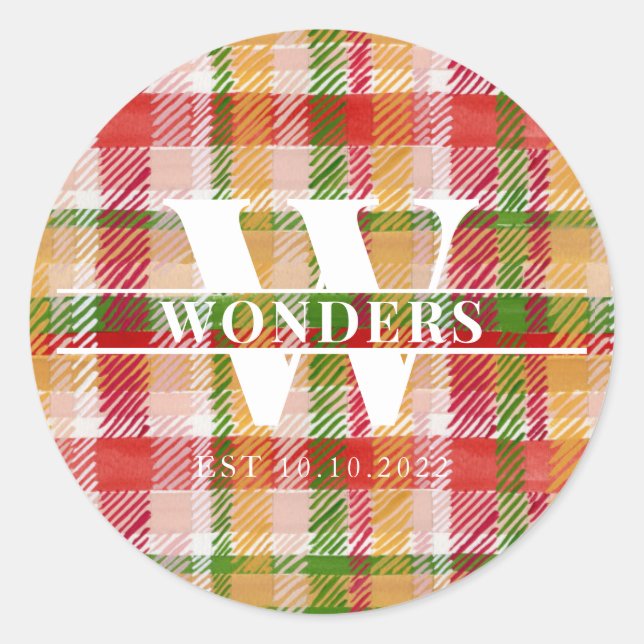 Tartan Plaid Custom Monogrammed Event Theme Runder Aufkleber (Vorderseite)
