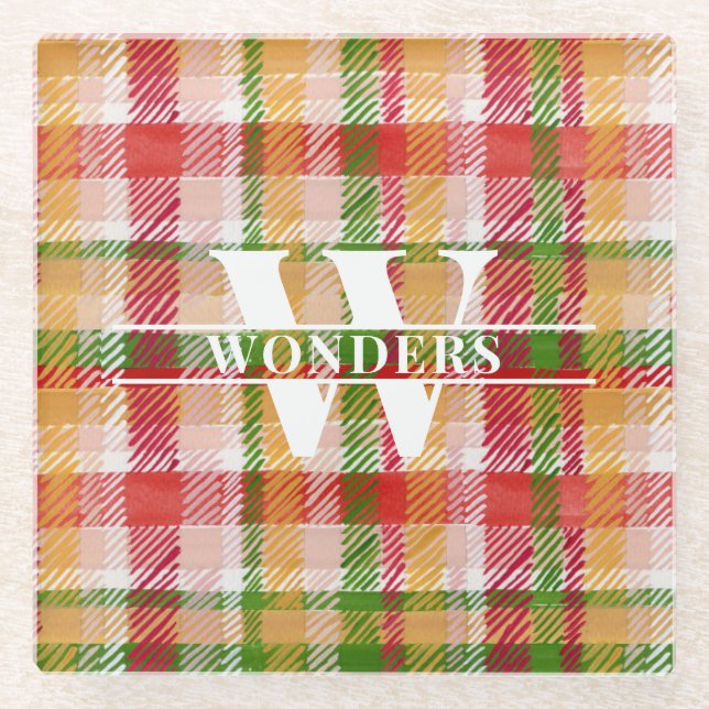 Tartan Plaid Custom Monogrammed Wedding Event Glasuntersetzer (Vorderseite)