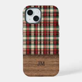 Tartan Plaid Phone Case with Wood Monogram iPhone 15 Hülle