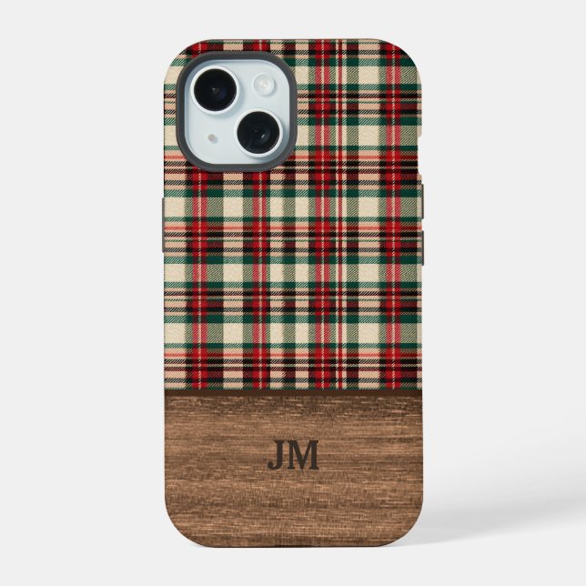 Tartan Plaid Phone Case with Wood Monogram iPhone 15 Hülle (Rückseite)
