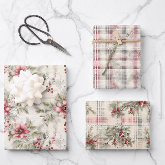 Tartan Plaid Poinsettia Berries Christmas | Geschenkpapier Set