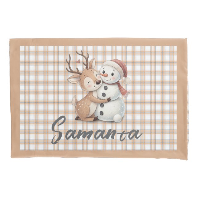 Tartan plaid reindeer snowman  beige white name kissenbezug (Vorderseite)