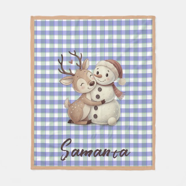 Tartan plaid reindeer snowman blue beige name fleecedecke (Vorderseite)