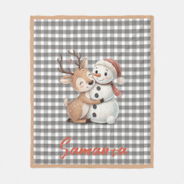 Tartan plaid reindeer snowman grey white name fleecedecke