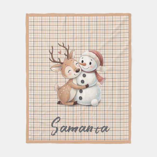 Tartan plaid reindeer snowman orange beige name fleecedecke (Vorderseite)