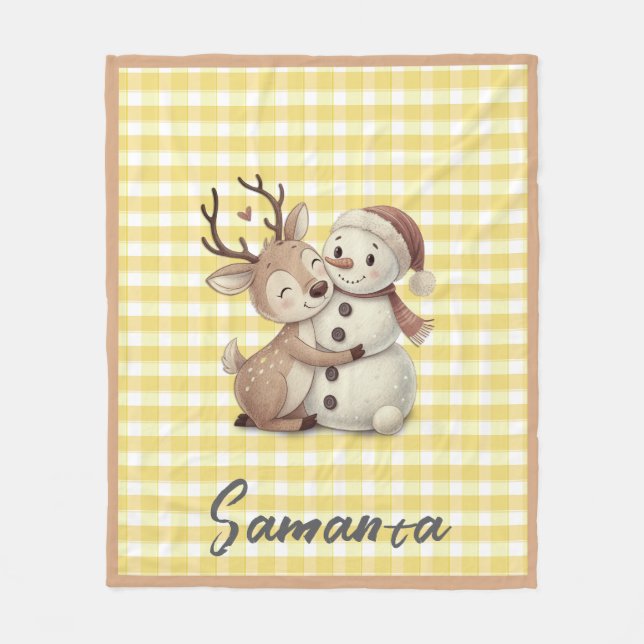 Tartan plaid reindeer snowman yellow beige name fleecedecke (Vorderseite)