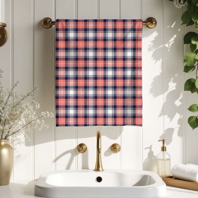 Tartan Plaid Towel Coral Navy Birthday Present Badhandtuch Set (Tartan Plaid Towel Coral Navy Birthday Present)