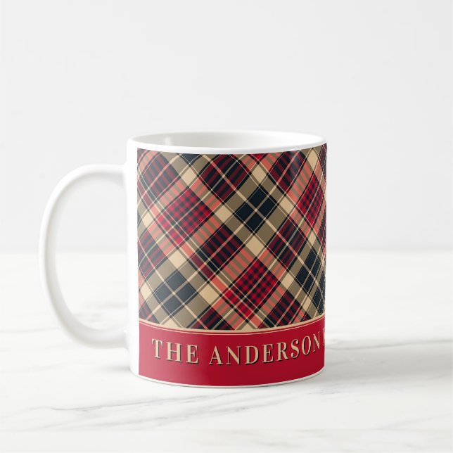 Tartan Red Black Kariert Custom Family Monogram Kaffeetasse (Links)