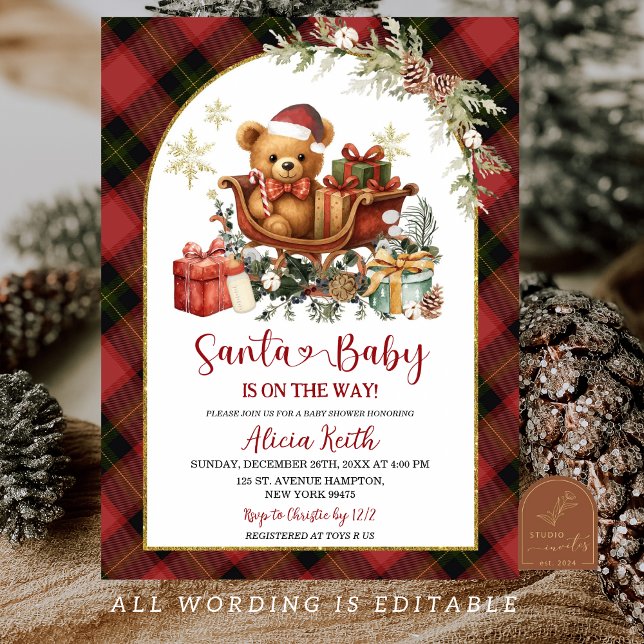 Tartan Red Christmas Santa Bear Baby Shower  Einladung (Von Creator hochgeladen)