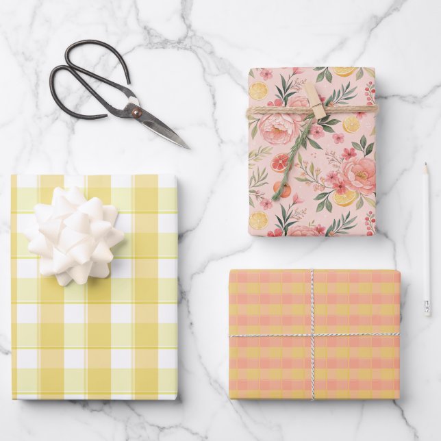 Tartan rose lemon yellow peach set wrapping paper geschenkpapier set (Vorderseite)