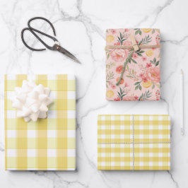 Tartan rose lemon yellow set wrapping paper geschenkpapier set