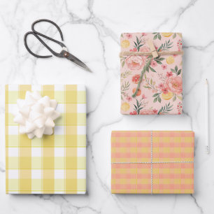 Tartan-Rosen-Lemon-Gelb-Pfirsich-Set-Geschenkpapie Geschenkpapier Set