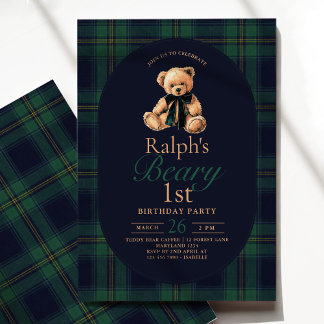 Tartan Teddy Bear 1st Birthday Einladung