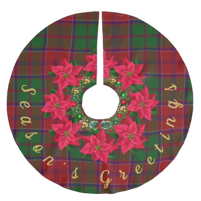 Tartan Weihnachts-Saison Gruß Poinsettia Polyester Weihnachtsbaumdecke (Vorderseite)