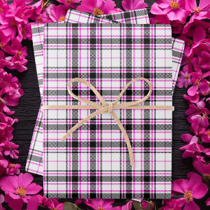 Tartan - Weiß-Schwarz-Heiß-Rosa Geschenkpapier Set