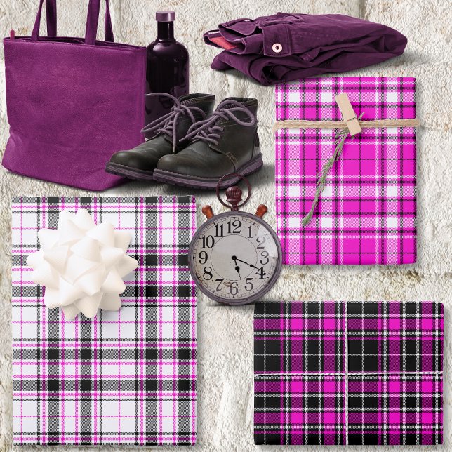 Tartan - Weiß-Schwarz-Heiß-Rosa Unterschied Geschenkpapier Set (Tartan - White-Black-Hot Pink Different Wrapping Paper Sheets by Leapfroglisics Shop)