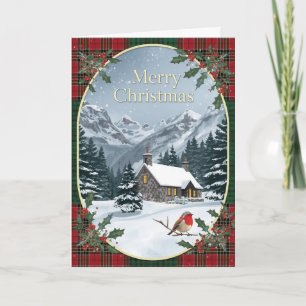 Tartan-Winterhäuschen-Rotkehlchen-Weihnachtskarte Karte