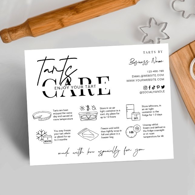 Tarts Care Instructions Minimalist Logo Bakery Dankeskarte (Minimalist tarts care instructions card with icons, space for your business info and thank you note)