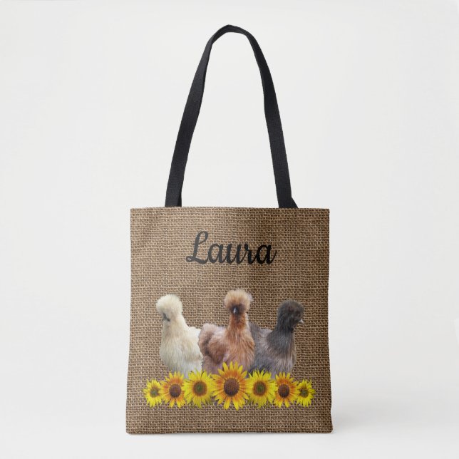 Tasche für Hühner Silkies Sunflowers Burlap (Vorderseite)