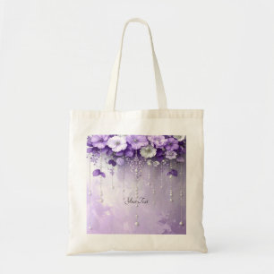 Tasche mit lila Blumen und baumelnden Perlen